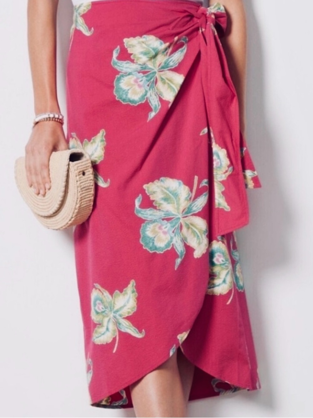 Faherty Pacifica Seersucker Pink Floral Midi Wrap Skirt SZ S